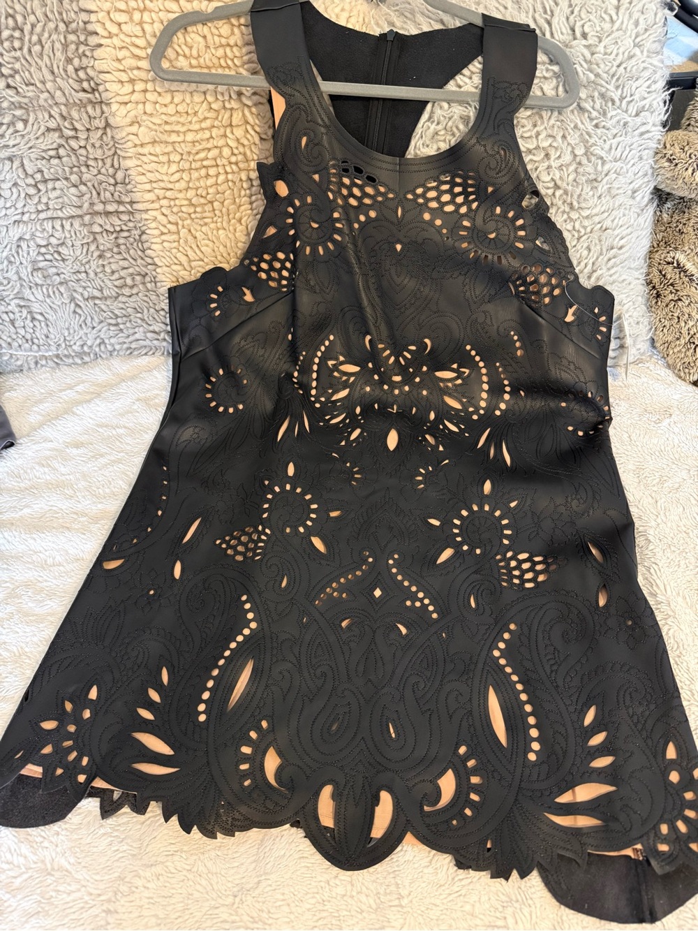 Anthropologie Black Laser-Cut Faux Leather Mini Dress NWT